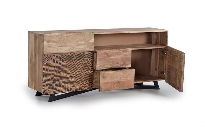 GINER Y COLOMER Buffet en bois d'acacia et métal, 2 portes et 3 tiroirs, couleur naturel et noir, buffet rustique avec pattes métal et sculptures manuelles